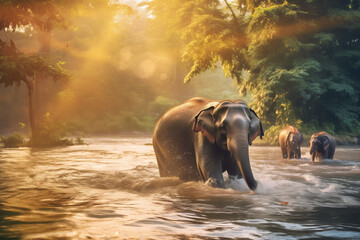 A family of Thai elephants swims in the river in the jungle, in the golden evening hour. National Thai Elephant Day. World Elephant Day. Front view. 
