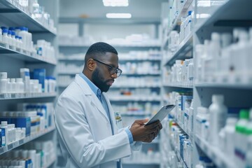 A man wearing a white lab coat is carefully studying data displayed on a tablet, Pharmacist using machine learning technology to make precision drugs, AI Generated