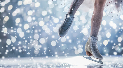 Close-Up Shot of Skates Worn by Female Figure Skater at Winter Olympics - obrazy, fototapety, plakaty