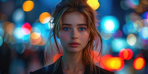 A captivating portrait of a fashion-forward woman with striking blue eyes and a sprinkle of freckles, illuminated by the soft glow of the night sky