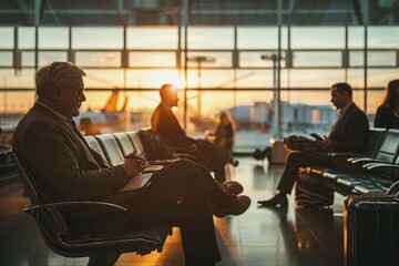 Fototapeta na wymiar A man is seen sitting on a bench inside an airport, waiting for his flight, Business travelers waiting for their flights in an airport lounge, AI Generated