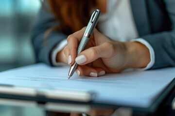 A woman sitting at a desk, focused on writing, as she holds a pen and creates content on a piece of paper, Business woman signing a contract with a metallic pen, AI Generated