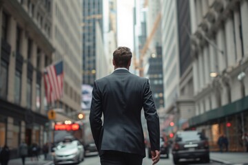 Fototapeta na wymiar A man wearing a suit is walking confidently down a bustling street surrounded by shops and pedestrians, Businessman in a suit walking through a bustling financial district, AI Generated