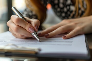 A woman is shown in the photo, writing on a piece of paper with a pen, Business woman signing a contract with a metallic pen, AI Generated - obrazy, fototapety, plakaty
