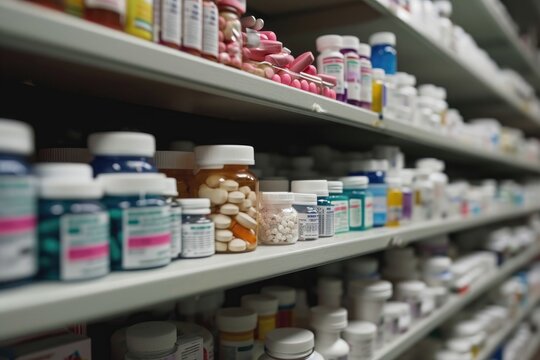 A row of shelves in a pharmacy store displaying a wide variety of pills used for medication and treatment, Pharmacy selling prescription opioids, AI Generated