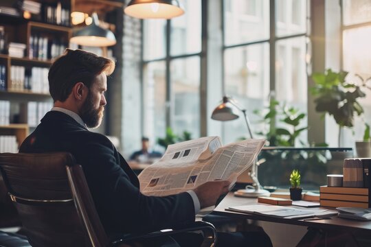 A man is seated at a desk, engrossed in reading a newspaper, Businessman reading a financial newspaper in his office, AI Generated