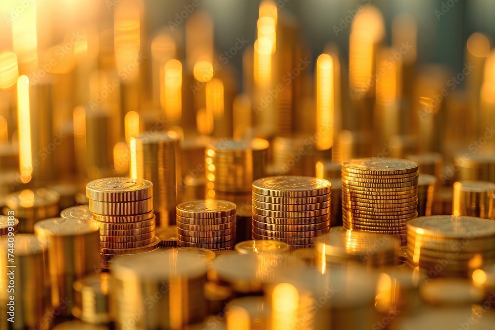 Poster a collection of golden coins is neatly stacked on a table, creating a glittering display, piles of g