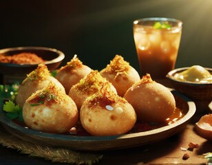 Delicious north and south indian street food pani puri gol gappa with tamarind water served - obrazy, fototapety, plakaty