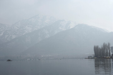 Srinagar, Jammu and Kashmir /  India - December 17, 2019 : A view of the Dal lake, and the...