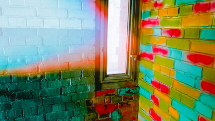 Colorful brick wall and small window with lens flare color blue red. Multicolor wallpaper. ABSTRACT background. Film grain texture. Soft focus. Blur