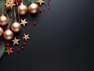 Elegant Christmas background with gold and red baubles, stars, and pine branches on a dark surface, with copy space.