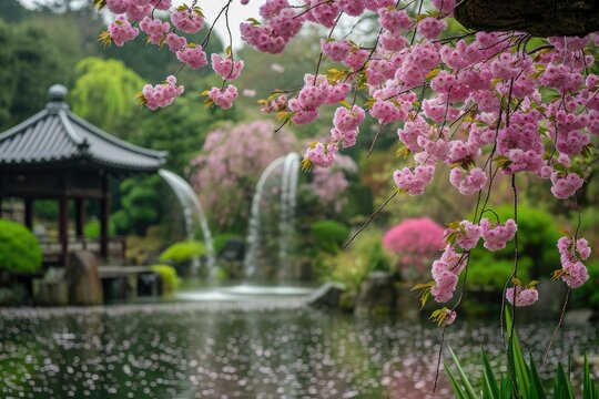 A photo showcasing a pond with a gazebo in the background and pink flowers in the foreground, Pink cherry blossoms in a peaceful Japanese garden, AI Generated