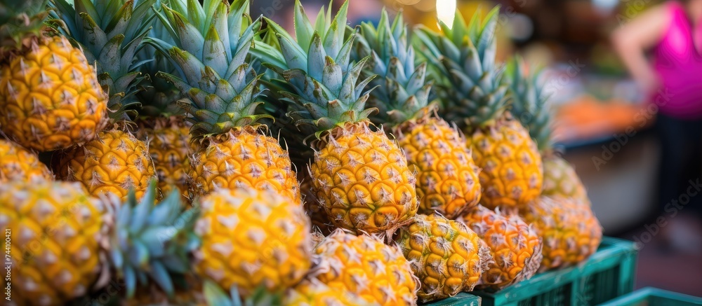 Poster a delightful display of fresh pineapples arranged in a pile on top of green crates at the vibrant ma