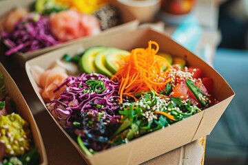 A photo of a couple of boxes filled with various types of food, Plant-based poke bowl in a biodegradable takeaway box, AI Generated