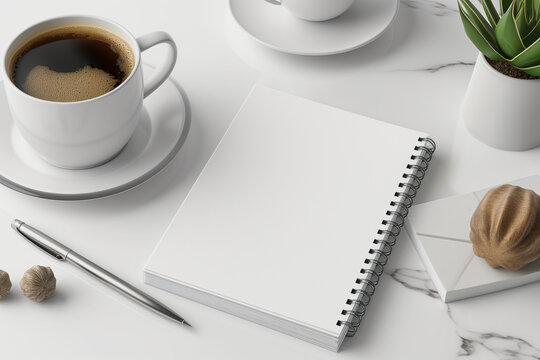 mockup of a blank cover white notepad paper with a white marble desk background