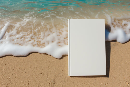 mockup of a blank cover white book with a beach  background