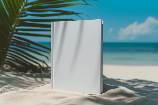 mockup of a blank cover white book with a beach summer vacation background