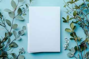 mockup of a blank cover white magazine with a blue background with leaves - obrazy, fototapety, plakaty