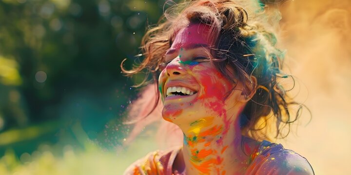 Joyful woman adorned with colorful paint celebrates at Holi festival. Concept festival celebrations, vibrant colors, joyful expressions, cultural traditions, creative body paint