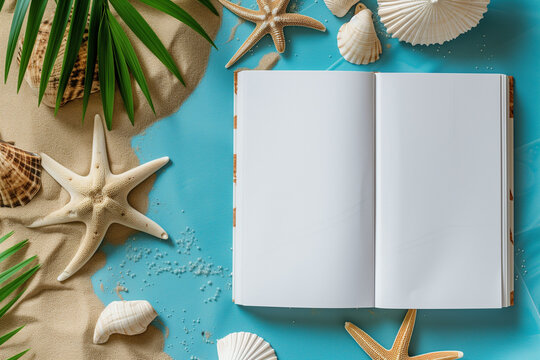 mockup of a open book with blank pages with a beach summer vacation background