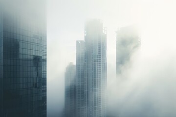 A misty urban landscape with towering buildings visible through the fog, Poetic representation of city skyscrapers caressed by the early morning fog, AI Generated