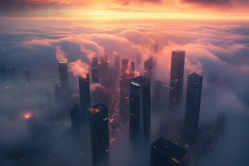 Aerial View of Cloud-Enveloped Cityscape, Poetic representation of city skyscrapers caressed by the early morning fog, AI Generated - obrazy, fototapety, plakaty