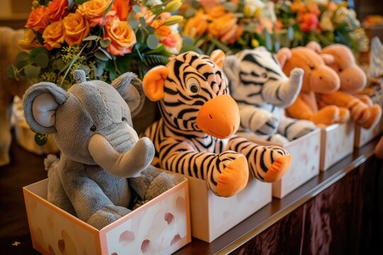 A lineup of various stuffed animals placed in a row on a tabletop, Plush animal-themed gift boxes for a zoo-themed event, AI Generated