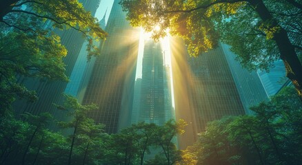 A radiant dawn illuminates the towering cityscape, casting a warm glow upon the lush trees and creating a breathtaking lens flare in the peaceful forest