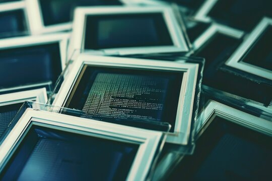 A group of framed pictures sitting on top of a table, showcasing various images and subjects, Polaroid frames filled with binary code, AI Generated