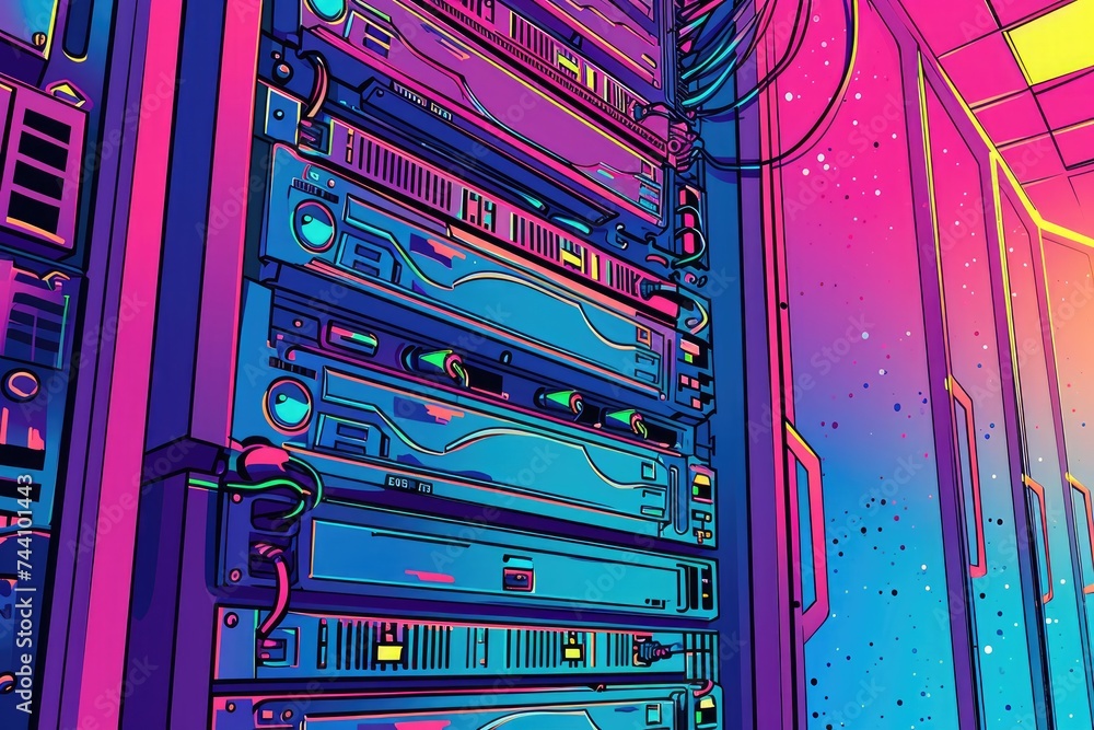Poster a photo of a computer tower showing the complexity of the internal wiring system, pop-art style depi