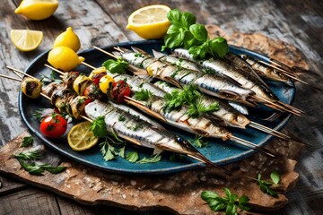 Mediterranean-style grilled sardine skewers with lemon and herbs 