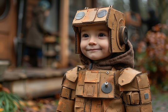 A young boy, with a human face full of curiosity, stands proudly in front of a building, wearing a cardboard garment that sparks imagination and playfulness in the great outdoors