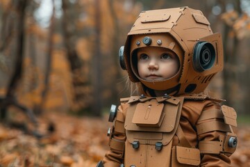 A curious child stands beneath a towering tree, their human face filled with wonder as they clutch their beloved toy in the peaceful outdoor setting