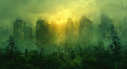 A foggy cityscape towers over a lush forest of trees, creating a serene outdoor oasis amidst the bustling skyscrapers - obrazy, fototapety, plakaty