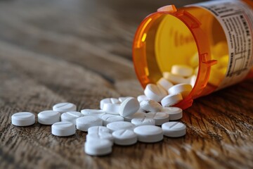 A detailed view of a bottle filled with pills placed on a table, Prescription opioids in a medicine bottle, AI Generated