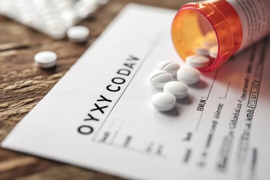 A bottle of oxycodone medication sits on a paper, showcasing the prescription medication and its label, Prescription pad with the word 'OXYCODONE' written on it, AI Generated