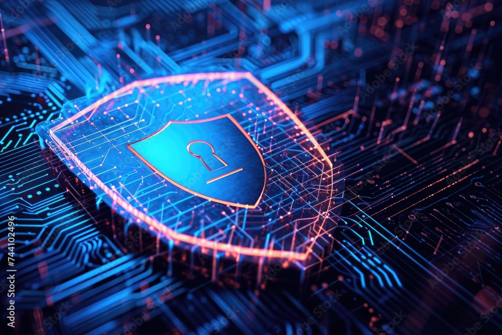 Poster a close-up shot of a computer chip with a shield placed on top, ensuring additional protection, prot