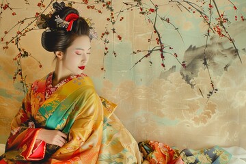 An elegant Asian woman wearing a traditional kimono sits gracefully on a bed, exuding tranquility and grace. Generative AI