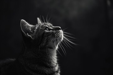 A black and white photo capturing a cat with its gaze fixed upwards, Profile of a cat against a monochromatic backdrop, AI Generated