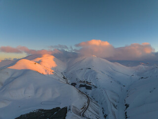 Palandöken Ski Center in the Sunset Lights Drone Photo, Winter Season Palandoken Mountains Erzurum, Turkiye (Turkey)