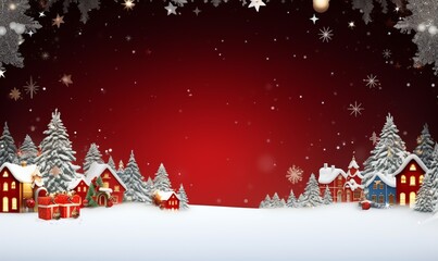 Winter holiday background with snow-covered houses, trees, and falling snowflakes against a red sky.