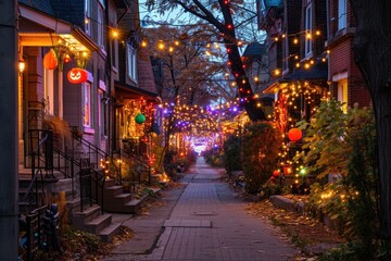 A lively city street adorned with colorful Christmas lights, creating a festive atmosphere for the holiday season, Quaint neighborhood with houses decorated in Halloween-themed lights, AI Generated