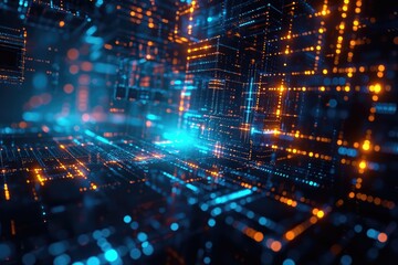 A vibrant abstract background featuring a mix of blue and yellow colors with dynamic illuminated lights, Quantum computer technology abstract image, AI Generated