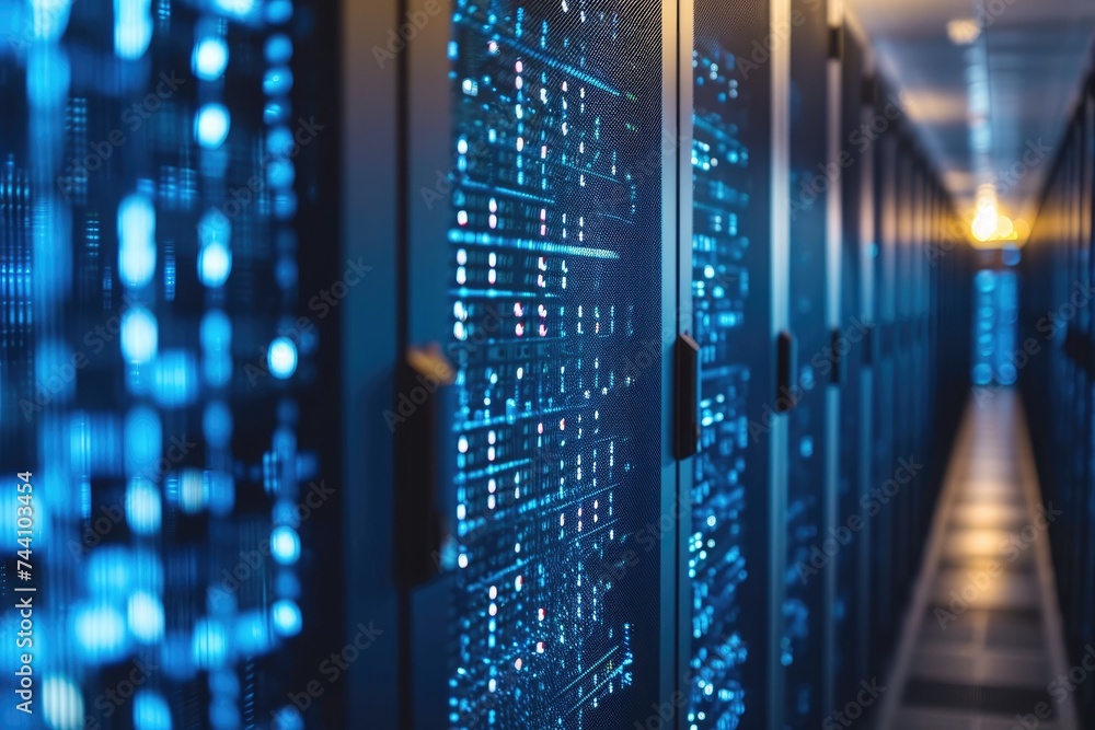 Poster a line of computer servers stacked neatly in a data center, ready to process large amounts of data, 
