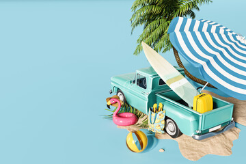 Summer travel concept. Turquoise blue old truck with luggage and summer accessory on blue...