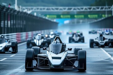 A fast-moving group of racing cars competing on a race track, Racers at the starting line in an all-electric car race, AI Generated