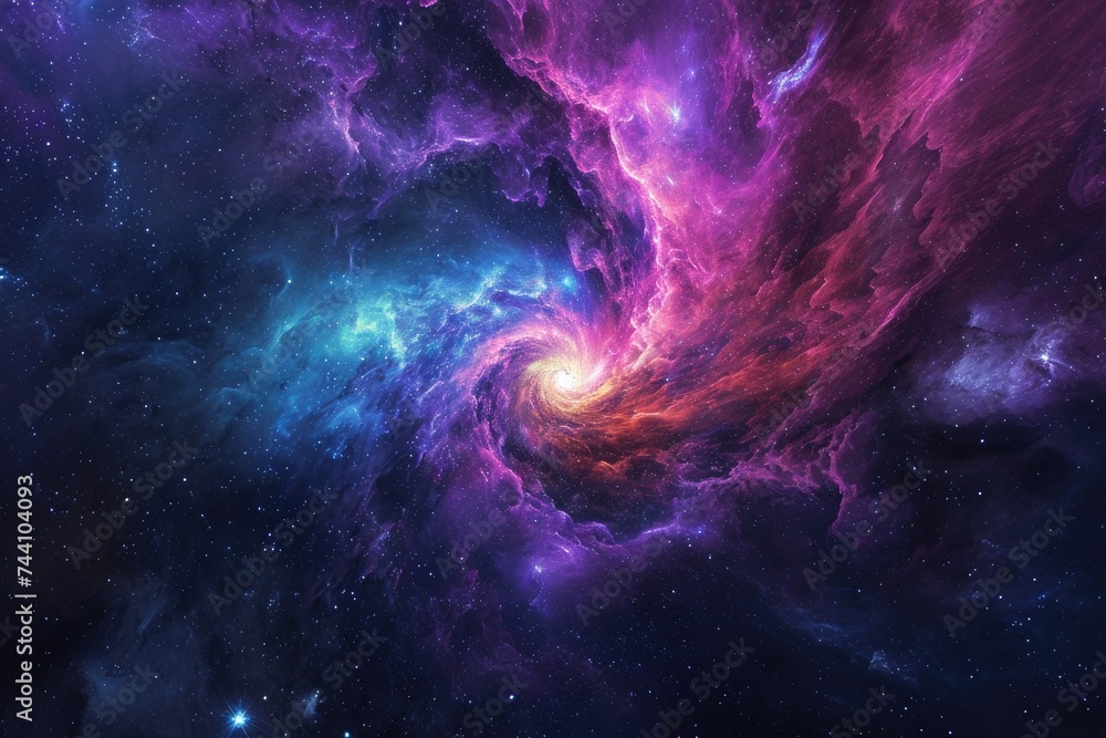 Poster an image showcasing a vibrant galaxy filled with an array of colorful stars, rainbow tinted nebula s