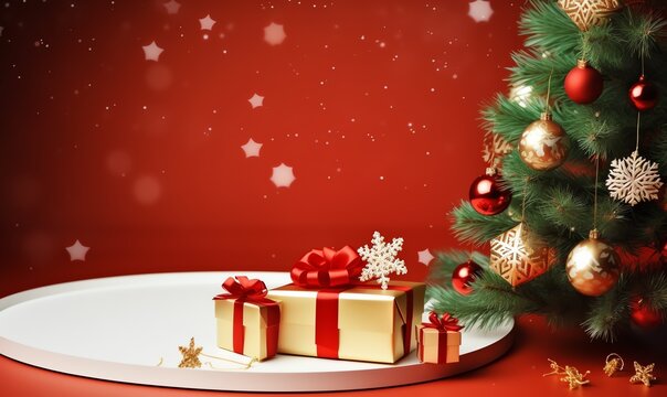 Christmas themed image with gifts and a decorated tree on a red background with snowflakes.