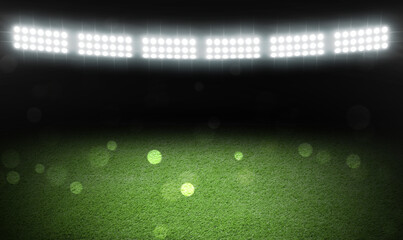 Green sports field under stadium lights, bokeh effect. Banner design
