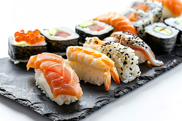 sushi on a plate, sushi with shrimp, sushi with avocado and salmon